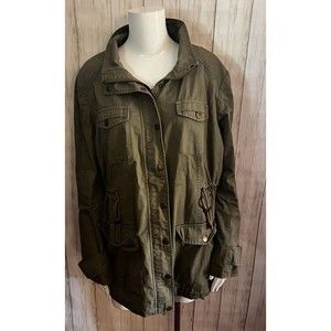 New York & Company Anorak Olive Green Jacket XL Hip Length NY Zippers Drawstring